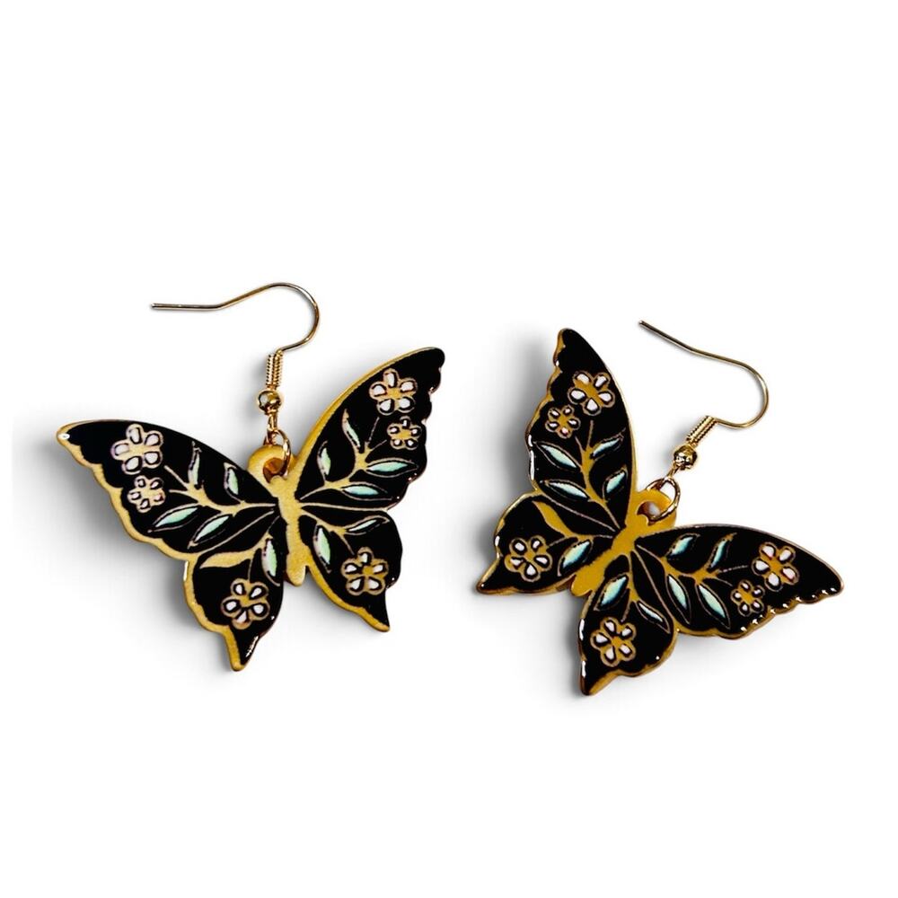 Vintage Look Butterfly Earrings Black Gold Enamel Printed Dangle Fish Hook